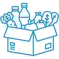 Foodbank icon of a cardboard box full of fruit, vegetables and drinks