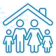 Family Violence Intervention and Prevention icon drawing of a family of a man, woman and two kids standing under a house roof