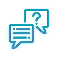Advice and Advocacy icon of a question mark in a speech bubble and text lines in a speech bubble