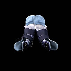 Blue and white assistive foot orthotics with dark blue ankle straps. Centrally positioned on a square black background. 