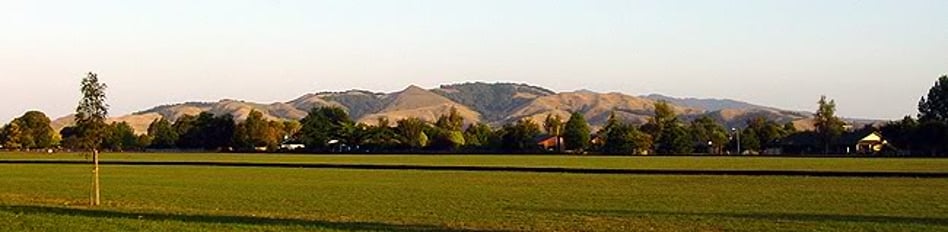 Mt Maungatautari lies to the south-west of the town, behind the Roto-o-Rangi Hills, which are seen here on a summer's evening.