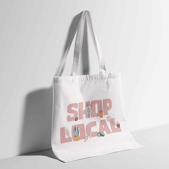 Image of Shop Local’s logo on a tote bag. By Creative Box