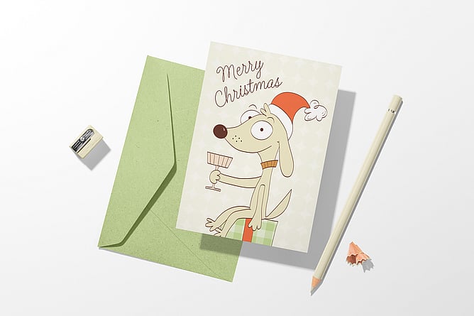 Image of a dog celebrating Christmas with a cocktail. Free printable card for Chrsitmas from Creative Box, New Zealand.