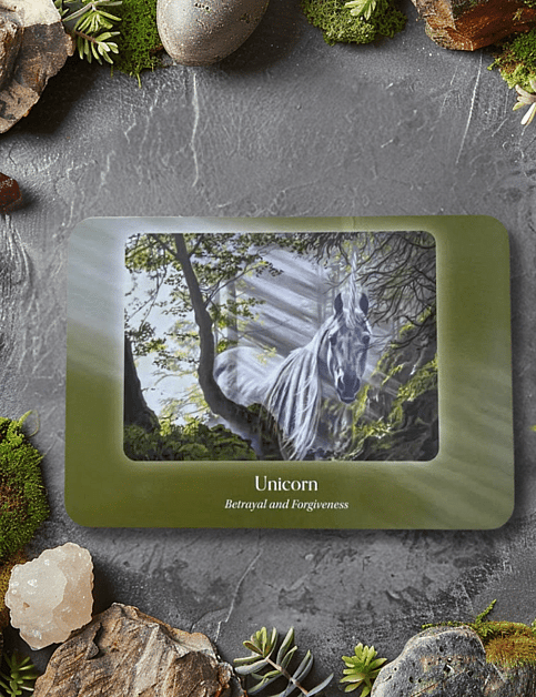 The Council of Horses Oracle - Unicorn Card on a Moss and Gem Background