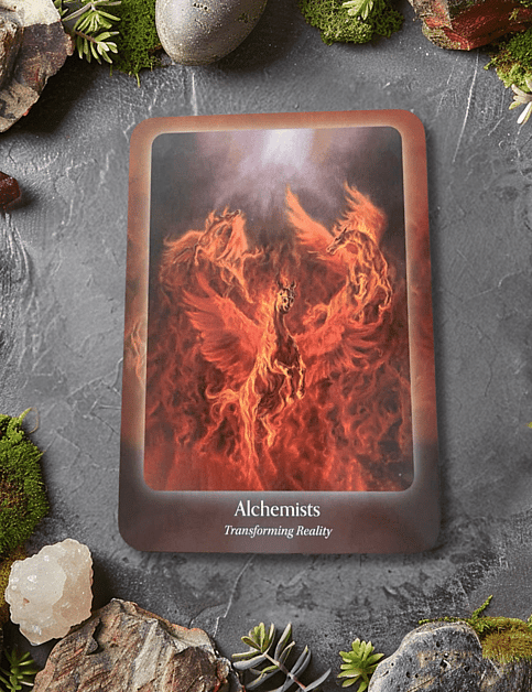 The Council of Horses Oracle - Alchemists Card on a moss and gem background