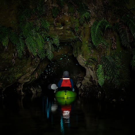 Amazing vibrant nature as kayak enters glow worm cave
