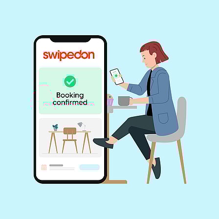 Illustration of woman sitting at cafe table making a booking on her phone