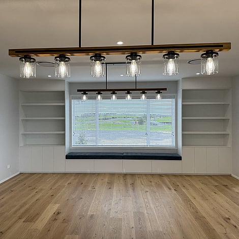 Image of feature lights in the living area of the Te Wharepu Road new home build. Built by Ardent Building Developments, Hamilton. Waikato, New Zealand.