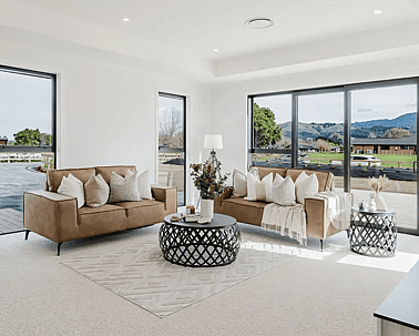 Image of natural light filled lounge with tan lounge suit and modern styling in Collinson Street, Pirongia new home, by Waikato residential builders Whitechurch Construction Limited.