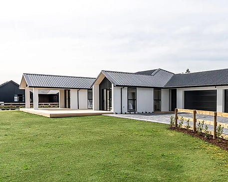 Image of modern new home with alfresco covered areas for entertaining at Collinson Street, Pirongia, by Waikato residential builders Whitechurch Construction Limited.