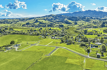 View with rural outlooks of Amber Views, Collinson Street Subdivision, Pirongia. House & Land Packages available with Whitechurch Construction, quality Waikato builders.