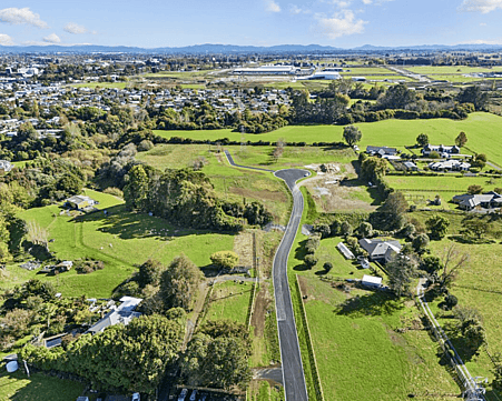 Aerial view of the Newstead House & Land Package section available with Whitechurch Construction at 161 State Highway 26, Morrinsville, Waikato. 