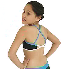 Croptop with three colours, black, white and turquoise, with crossed back straps