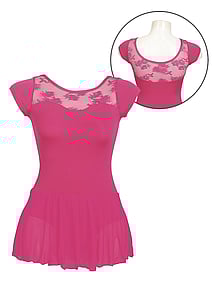 Short Sleeved Leotard Dress in Raspberry Pink with Lace Scooped Neck