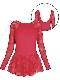 long sleeved ballet leotard dress in red with lace skirt and sleeves