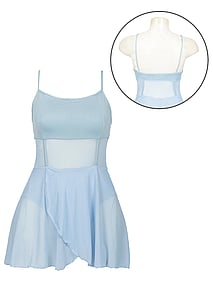 spaghetti strap ballet leotard dress in blue with mesh torso and skirt