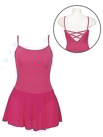 spaghetti strap ballet leotard dress with crossed back in raspberry pink