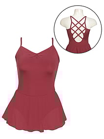 Spaghetti strap ballet leotard dress in burgundy maroon with crossed back and gathered neckline
