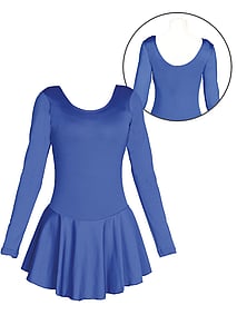 Long sleeved scoop neck ballet leotard dress in royal blue