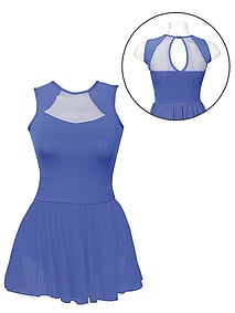 Sleeveless high neck royal blue ballet leotard with mesh insert neckline
