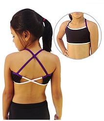 Black dance croptop with purple and white crossed back straps