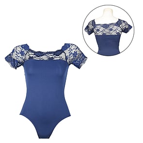 Short Sleeve Ballet Leotard with Upper neck and shoulders lace Navy