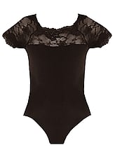 Short Sleeve Black Ballet Leotard with Lace scoop neck 