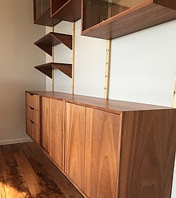 Mid century style custom wall unit made from Spell Mahogany onto Birch Ply.