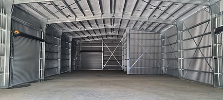 Inside of steel frame shed