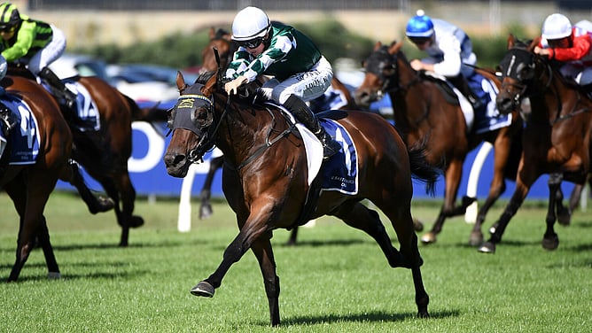 Ohope Wins pictured on her way to victory in Saturday's Gr.1 Al Basti Equiworld Dubai New Zealand Oaks (2400m) at Ellerslie. - Photo: Kenton Wright (Race Images)