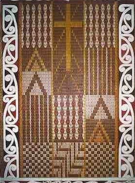 Whanganui-mumu  - - Stylised draught pattern with Māori motifs, symbolising the coming together of two races - Māori and Pākehā - each complimenting the other. Raukumara - Two top patterns in Whanganui-mumu, leaves of the kūmara. The black represents the dying leaves - white the new - regeneration