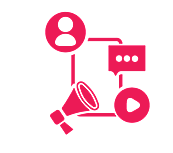 A pink megaphone, speech bubble, and user icon, representing 'Marketing Collateral' text below