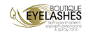 Boutique Eyelashes logo with a stylised gold eye and leaf design on the left, bold black "EYELASHES," elegant "Boutique" above, and a grey tagline placed below