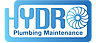 Hydro Plumbing Maintenance logo with bold blue "HYDRO" inside a rounded rectangle, featuring a turbine-style icon replacing the "O"