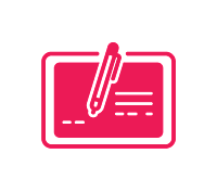 Pink icon of a pen writing on a form, representing 'Email Signatures' text below