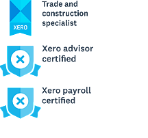 Xero certifications including "Trade and construction specialist," "Xero advisor certified," and "Xero payroll certified," with blue badge icons