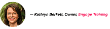 Kathryn Berkett, Engage Training Owner, smiles outdoors with glasses, brown hair, and a white top; her name in black and company name in pink