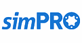 simPRO logo with "simPRO" in bold blue letters, where the "O" is stylised as a gear icon