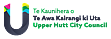 Upper Hutt City Council logo with a dark U-shaped design accented with pink, yellow, green, and blue, alongside text in Māori and English