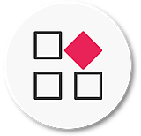Icon of four squares, one tilted and highlighted in pink, framed within a white circle, with "App Advisory & Implementation" text below