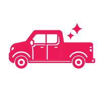 Pink icon of a truck with sparkling wheels, representing 'Vehicle Signwriting' text below