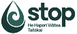 STOP logo has a dark green water droplet with a swirl, bold lowercase "stop" beside it, and "He Hapori Watea Taitōkai" in smaller text below
