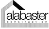 Alabaster Construction logo with bold black "alabaster," smaller "construction" below, framed by a striped house-shaped outline