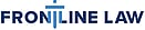 Frontline Law logo in bold navy blue text, with the "I" stylised as a sword featuring a light blue balanced scale on top