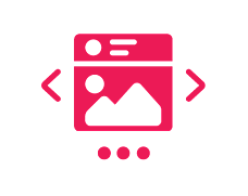 Pink icon of a social media post with arrows on each side, featuring a photo placeholder and three dots beneath, labelled 'Social Media Posts'