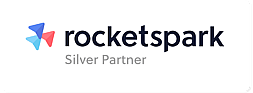 Rocketspark logo with a blue, pink, and red triangular design on the left, followed by the text 'rocketspark' and 'Silver Partner' underneath