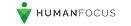 Human Focus logo with a green geometric figure resembling a person, a circular head, triangular body, alongside the company name in black uppercase letters