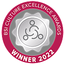 Silver award badge with "BSI Culture Excellence Awards" in a pink circle, "Winner 2022" at the bottom, and a teamwork icon in the centre