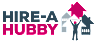 Hire-A-Hubby logo with 'HIRE-A' in dark blue and 'HUBBY' in pink, alongside house icons and a figure lifting a pink roof