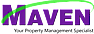 Maven Property Management logo with bold purple text, a curved green swoosh above, and a tagline in black below
